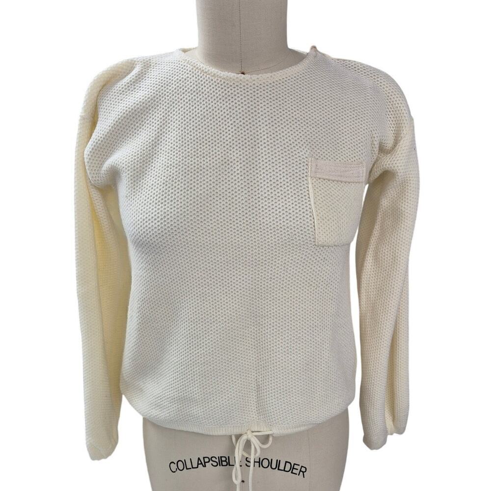 Vtg 70s 80s Whistle Stop 100% Ivory Acrylic Top Button Shoulder Drawstring SZ M